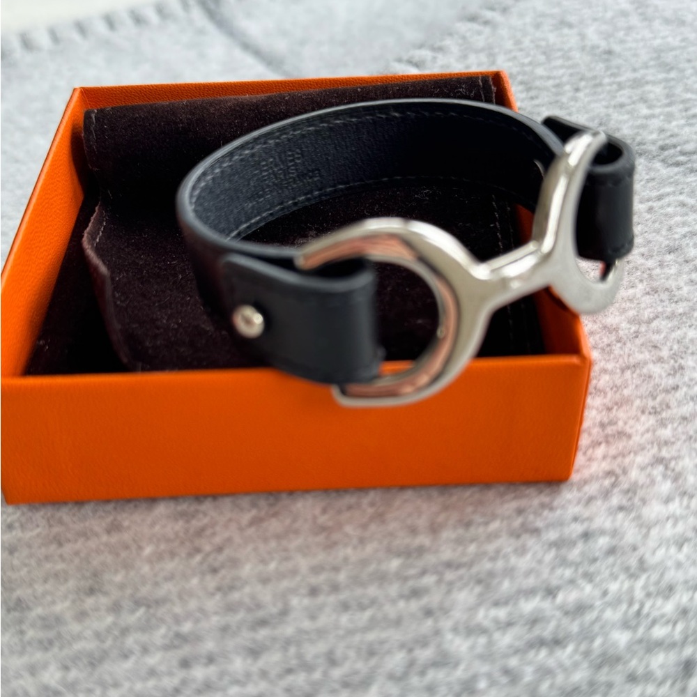 Hermes Black Leather Bracelet with Silver Buckle